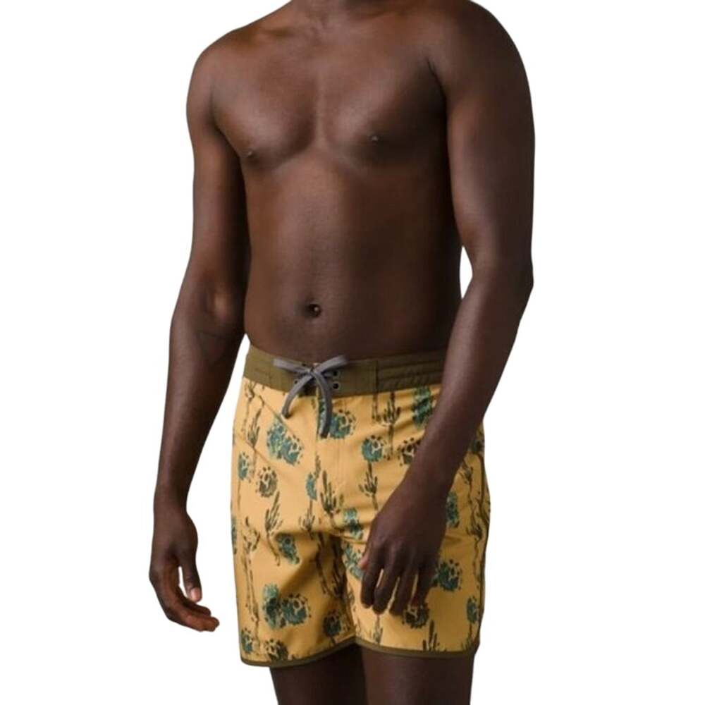 PrAna Men's Sz 33 Yellow Vintage Morro Cactus Swim Trunk 8” Boardshorts N4-11